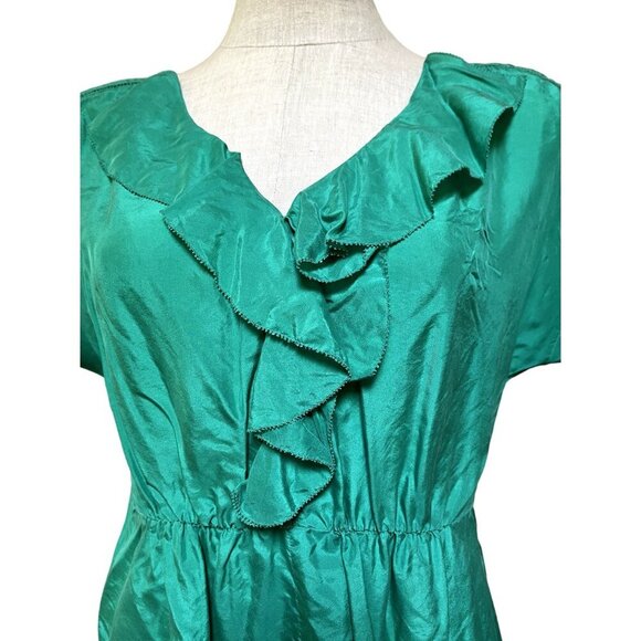 Vanessa Virginia Green Silk Peplum Short Sleeve Blouse Retro 30s Flounce V-Neck - Picture 2 of 8